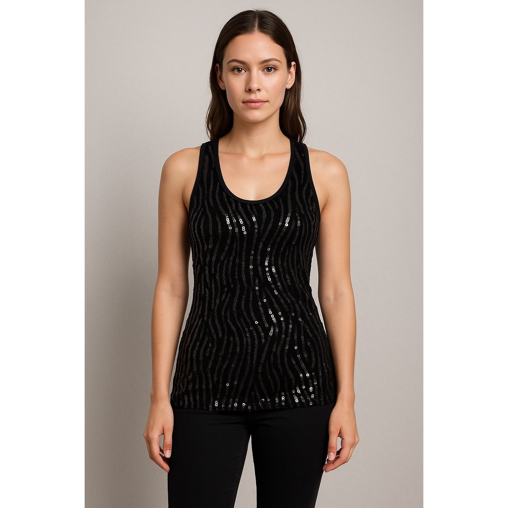 Wet Seal Y2K Black Sequin Racerback Tank‎ Top Women's Small Sparkle Clubwear